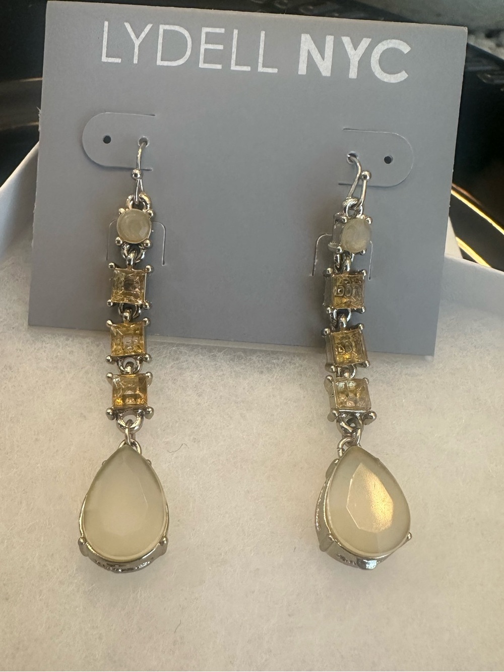 Lydell NYC linear drop earrings featuring square crystals